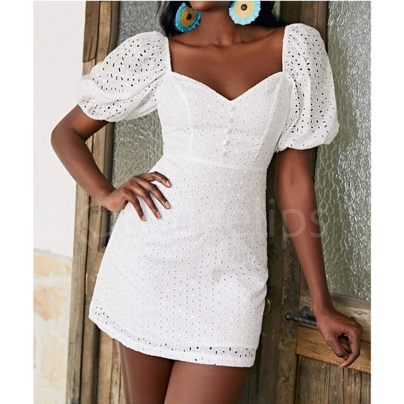 Rouge! Dresses & Skirts - White Mini Dress Eyelet Embroidery Short Puff Sleeves Sweetheart Neckline